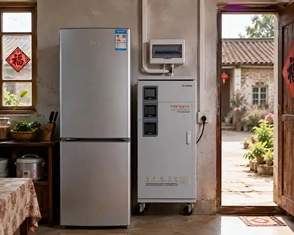 Voltage stabilizer installed next to refrigerator in a rural home with chronic low voltage