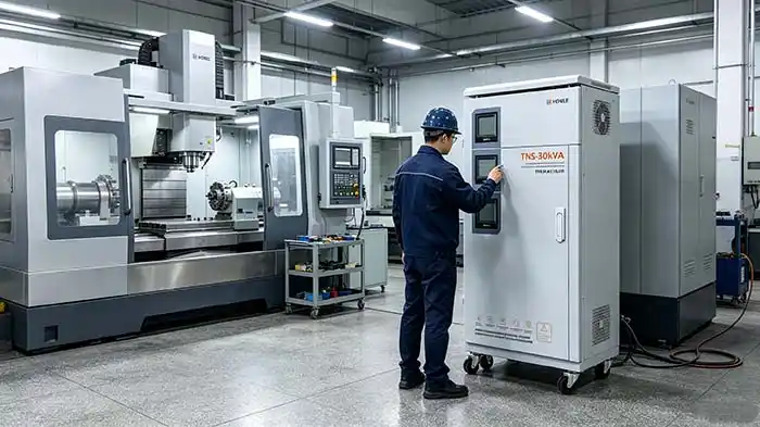 Static voltage regulator installed next to CNC machining center for millisecond-response voltage protection