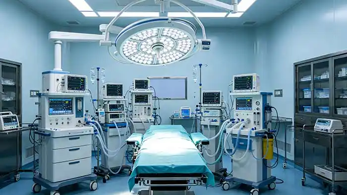 Hospital operating room with life-support equipment requiring stable voltage supply