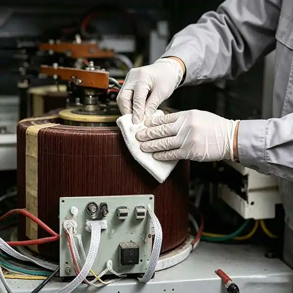 Wiping autotransformer coil surface with alcohol-dampened cloth to remove carbon dust and contaminants