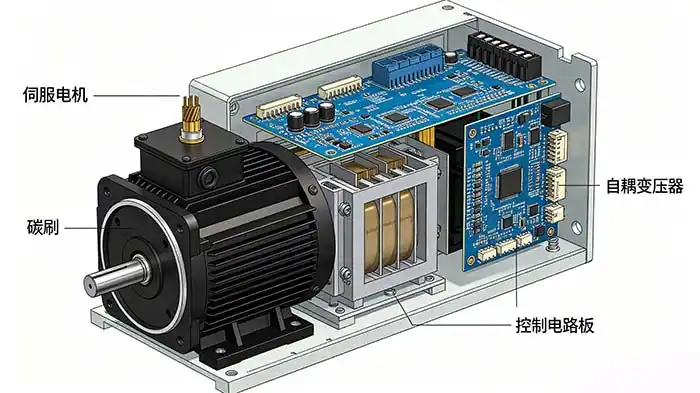Internal working principle diagram of a servo voltage stabilizer showing servo motor, carbon brush, and autotransformer