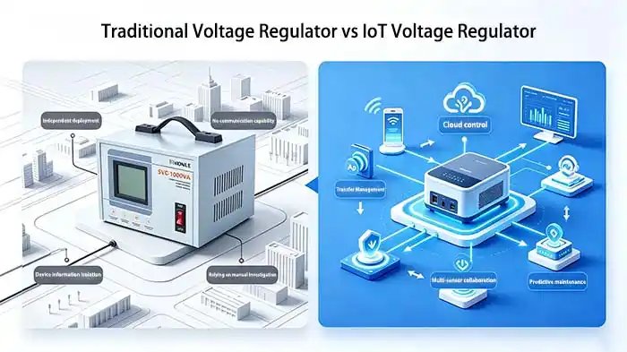 Comparison of traditional voltage stabilizer versus next-generation IoT-enabled stabilizer with cloud connectivity and mobile monitoring