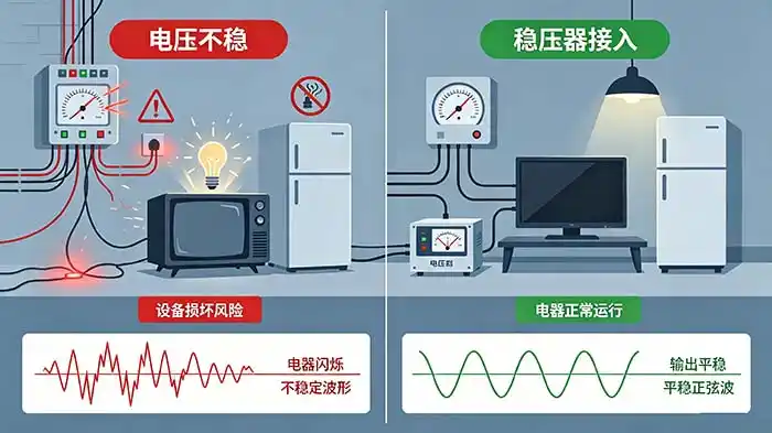 Comparison of unstable home voltage supply versus stable output after automatic voltage stabilizer installation
