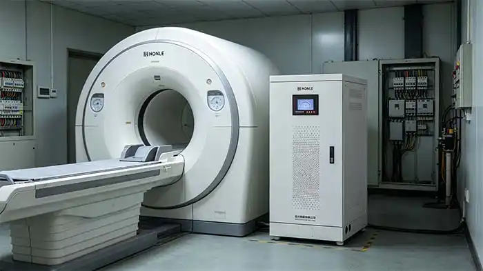 Servo voltage stabilizer installed in electrical room next to MRI equipment in hospital