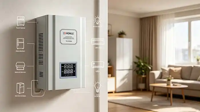 Relay voltage stabilizer mounted on wall next to household distribution box protecting home appliances