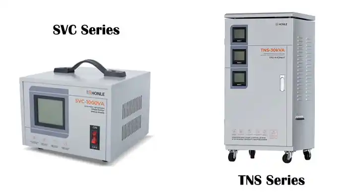 Side by side view of SVC and TNS series servo voltage stabilizers showing size difference
