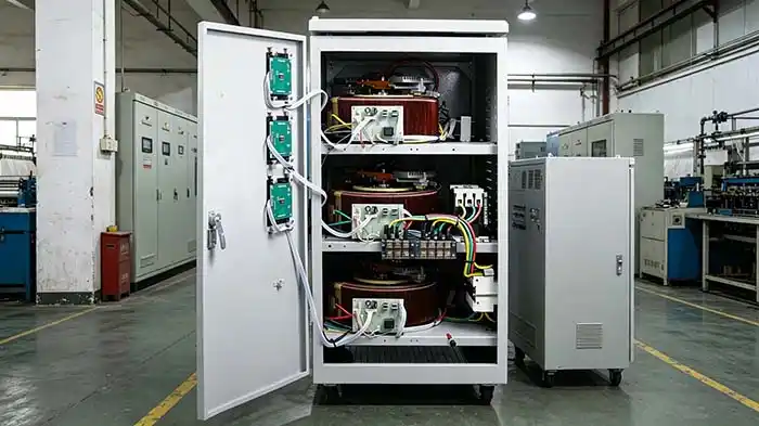 Large TNS series servo stabilizer installed in an electrical room of a textile mill for continuous industrial duty