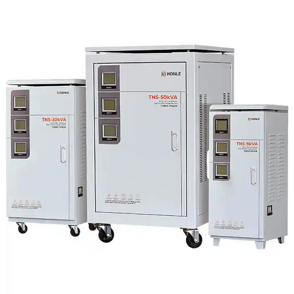 TNS series three phase automatic servo voltage stabilizer equipment front view for workshop mounting