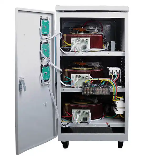 TNS automatic voltage stabilizer control panel and phase indicator meters for commissioning
